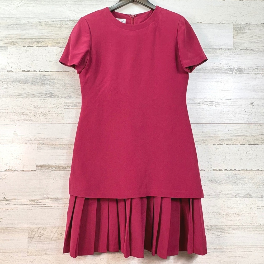 Talbots Petites 100% Silk Berry Pink Pleated Drop Waist Shift Dress 6P Vintage